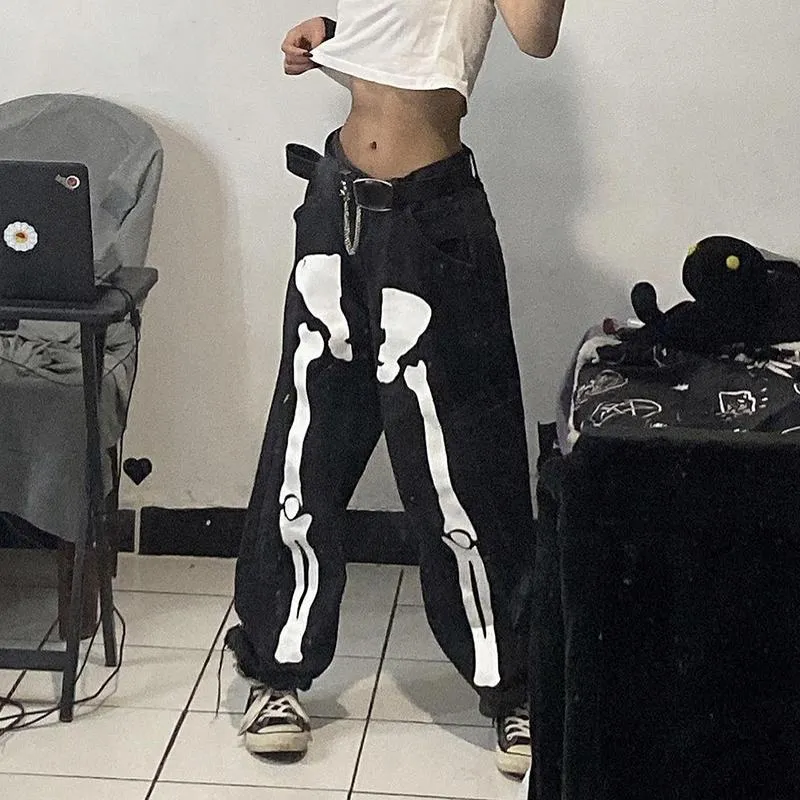 Feminino Jeans Dewadbow Cyber Y2k Calças Goth Outdoa 2021 Padrão Esqueleto  Baixo Ascensão Folgágio Femme Streetwear Mulheres Negra Denim Jean Calças  De $154,96